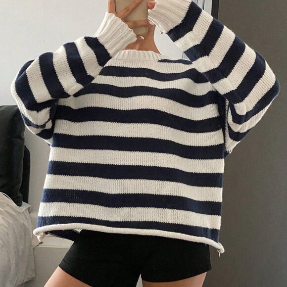 Royal Blue Casual Women's Loose Striped Knit Sweater - Picture 7 of 8